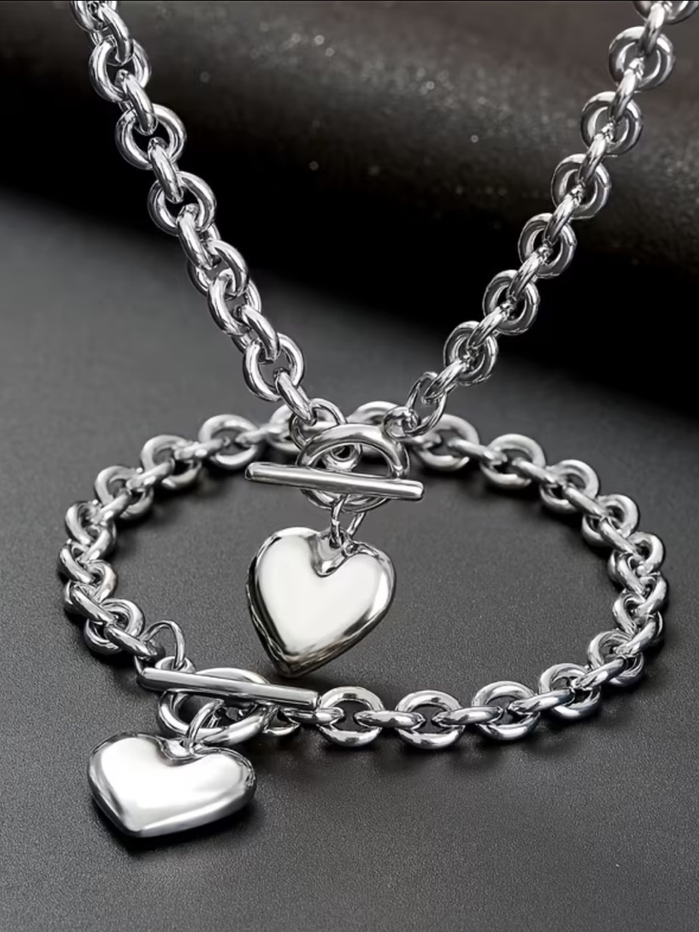Heart Charm Toggle Necklace & Bracelet Set - Silver